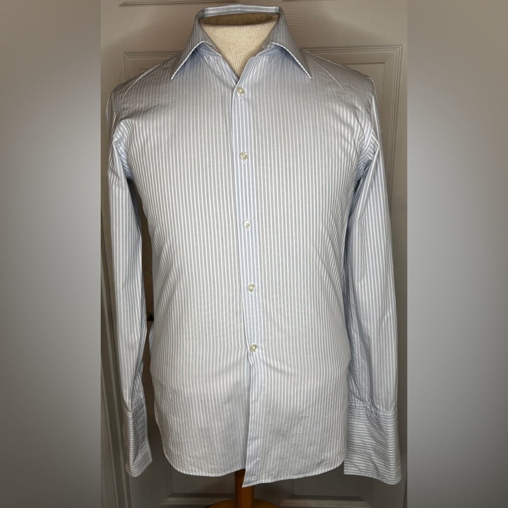 Hugo Boss Light Blue Striped Shirt Double Cuff Size 15.5 32/33